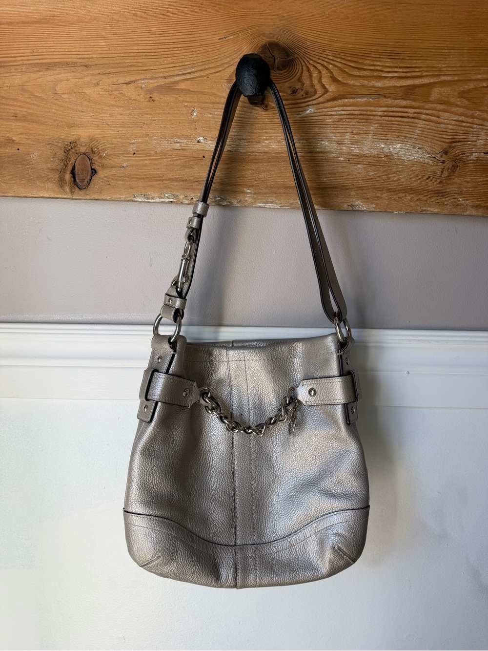 Coach Metallic Pebbled Leather Chain Hobo Shoulder Bag